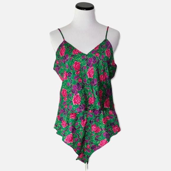 Victoria's Secret Other - Victoria’s Secret Vintage 80’s Gold Label Green Floral Satin Camisole Set M